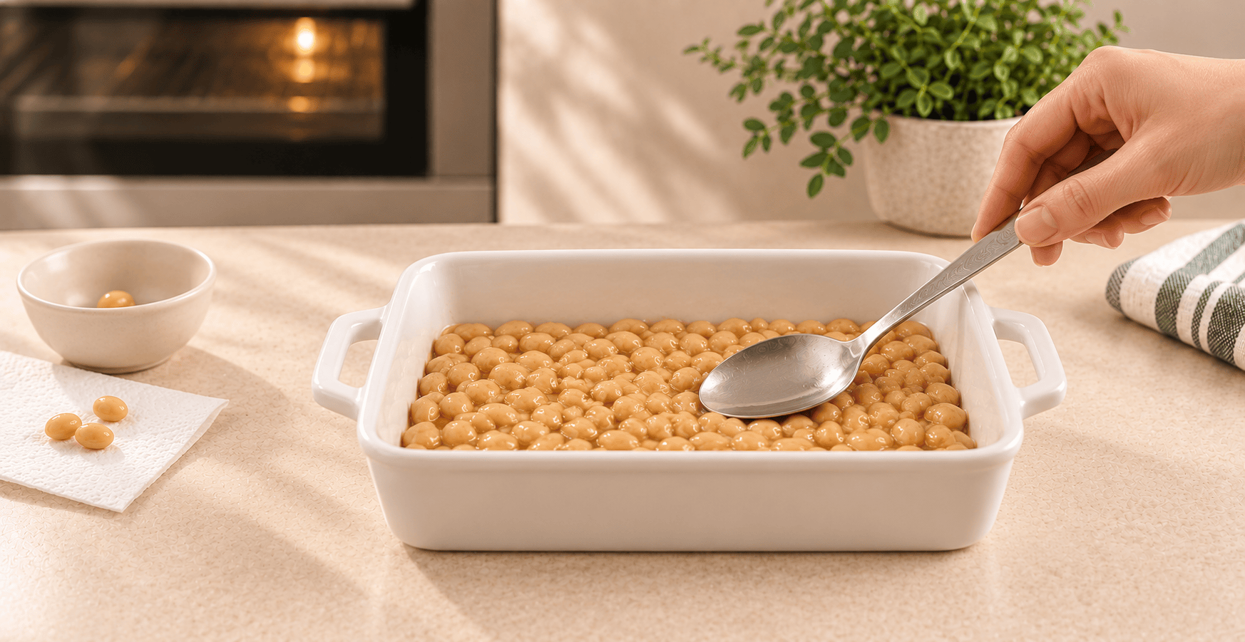 Inoculated soybeans spread evenly in a one-inch layer in a sterilized casserole dish