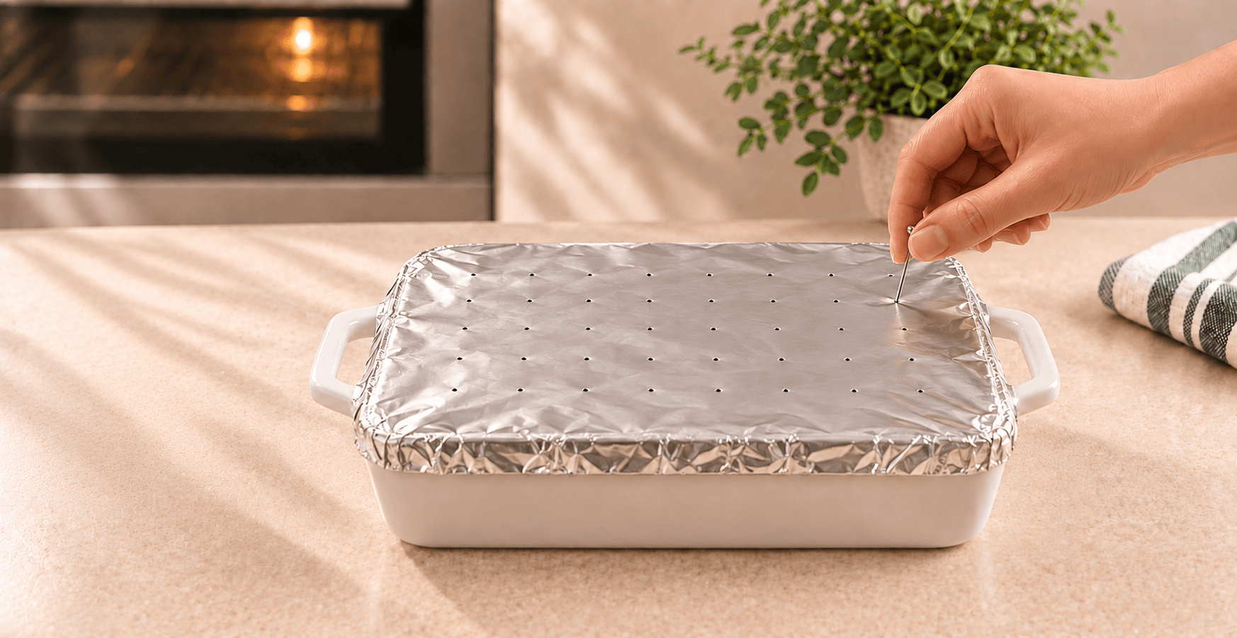 Casserole dish tightly covered with aluminum foil while small ventilation holes are made one inch apart