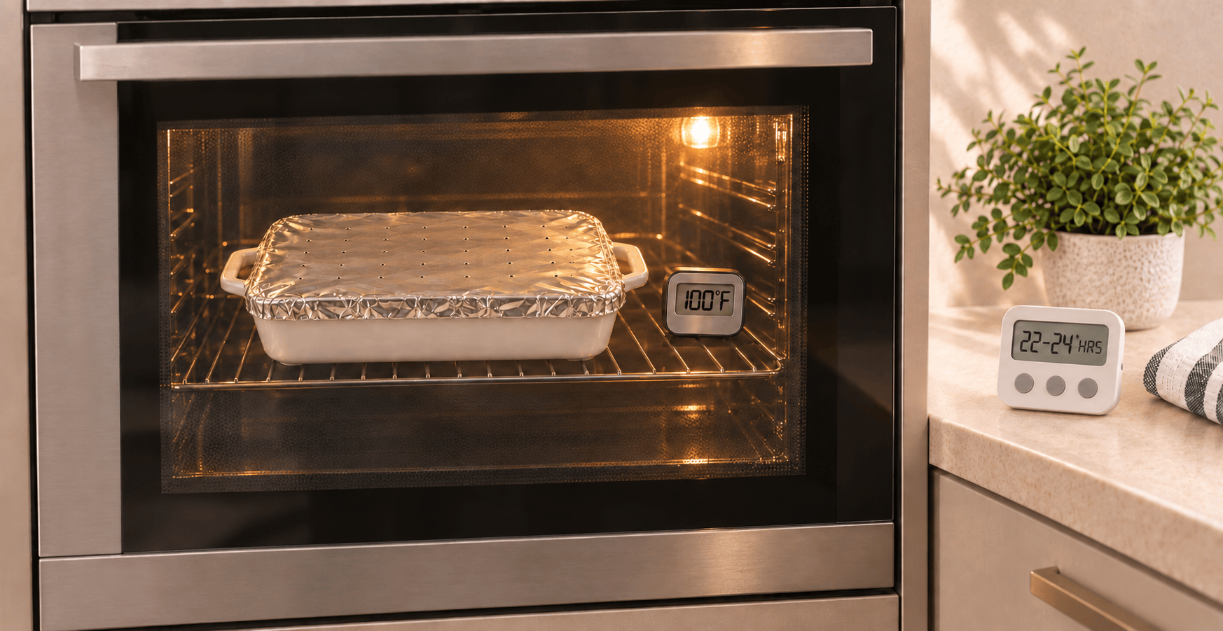 Foil-covered casserole dish fermenting in a warm oven at 100 degrees Fahrenheit for 22 to 24 hours