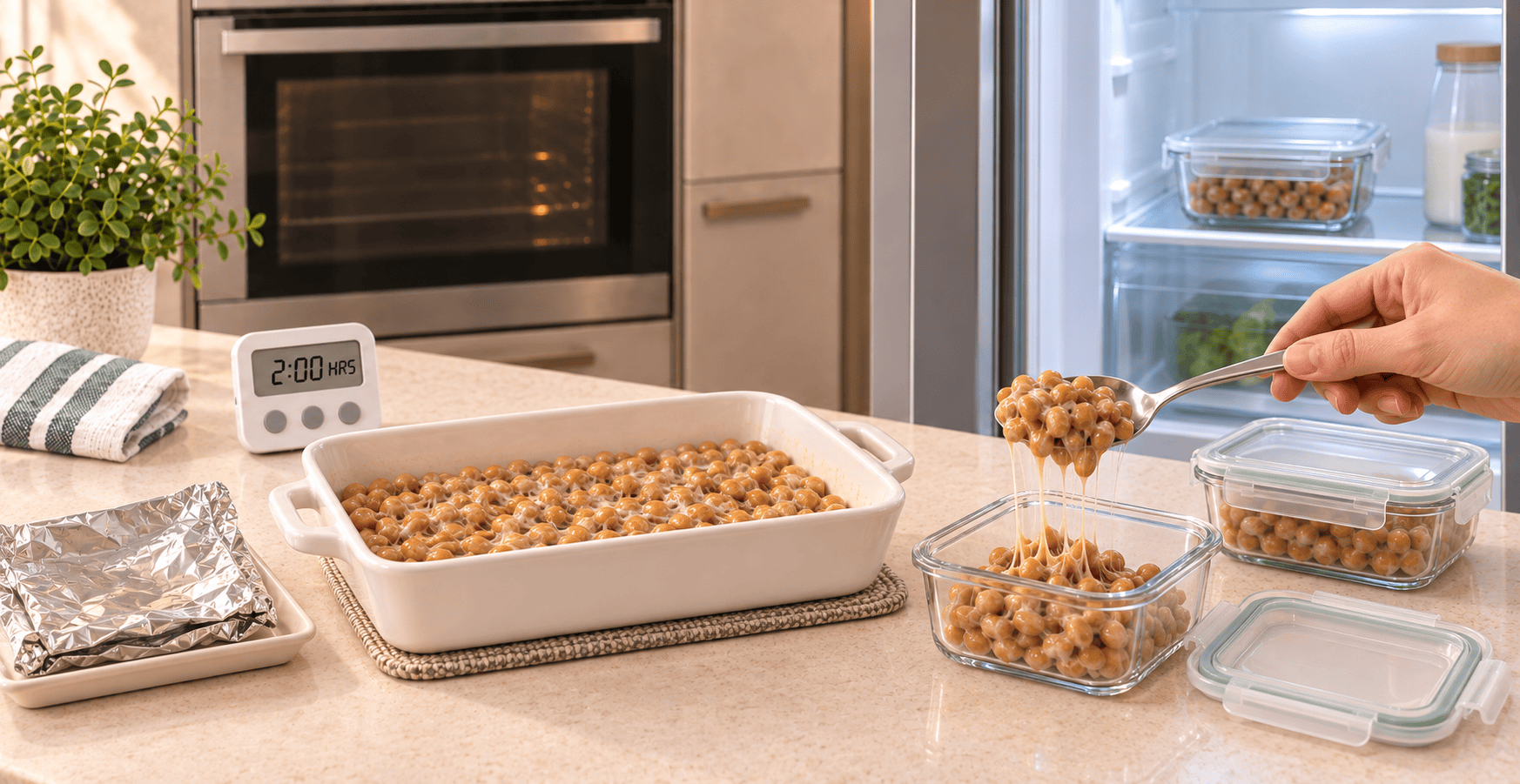 Finished stringy natto cooling for two hours before transfer to covered glass containers and overnight refrigeration