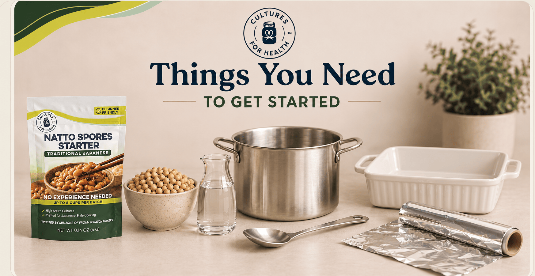 Natto Spores Starter pouch with dried soybeans, stainless-steel pot and spoon, casserole dish, and aluminum foil