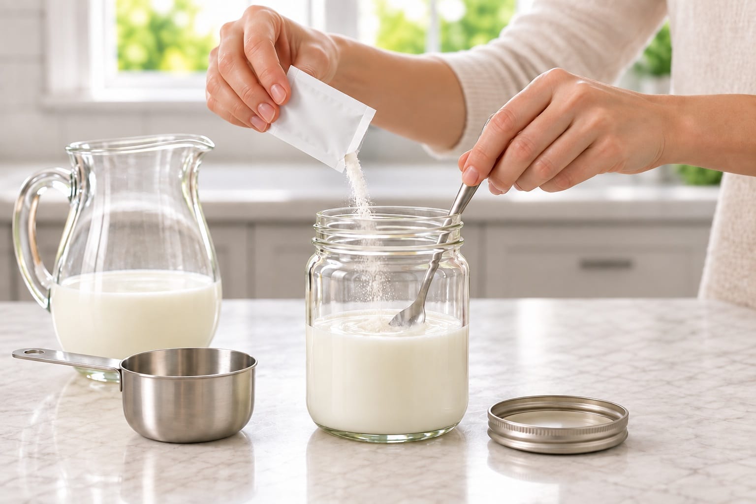 Adding a small packet of Skyr starter to cold milk in a glass jar and mixing