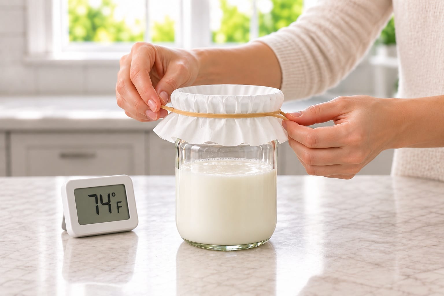 Securing a coffee filter over the Skyr jar with a rubber band at 74 degrees Fahrenheit