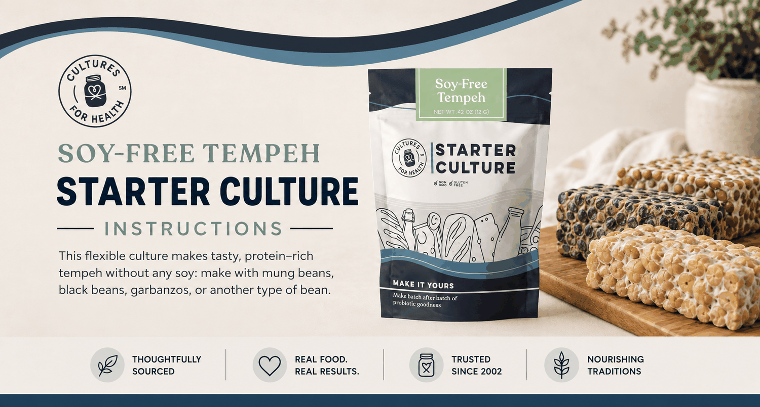 Cultures for Health Soy-Free Tempeh Starter instructions banner with starter pouch and finished tempeh