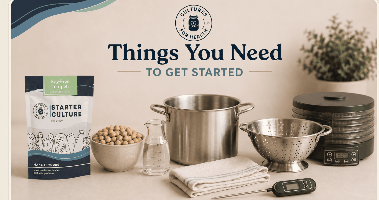 Soybeans, tempeh starter, vinegar, pot, colander, towel, thermometer, dehydrator and perforated incubation bag