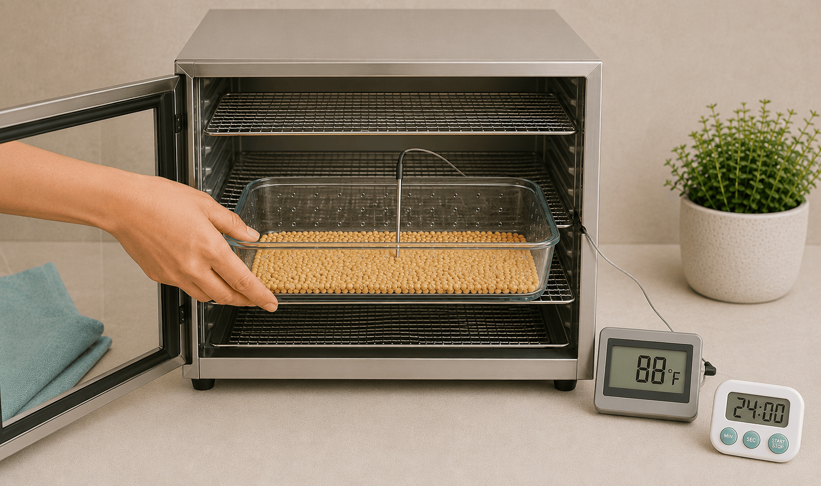 Vented container of inoculated soybeans culturing in a dehydrator at 88 degrees Fahrenheit
