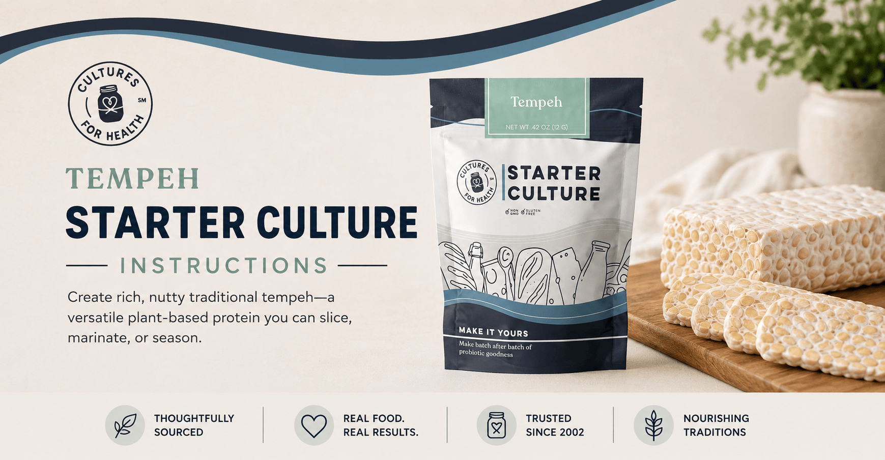 Cultures for Health Tempeh Starter Culture instructions banner with starter pouch and finished tempeh