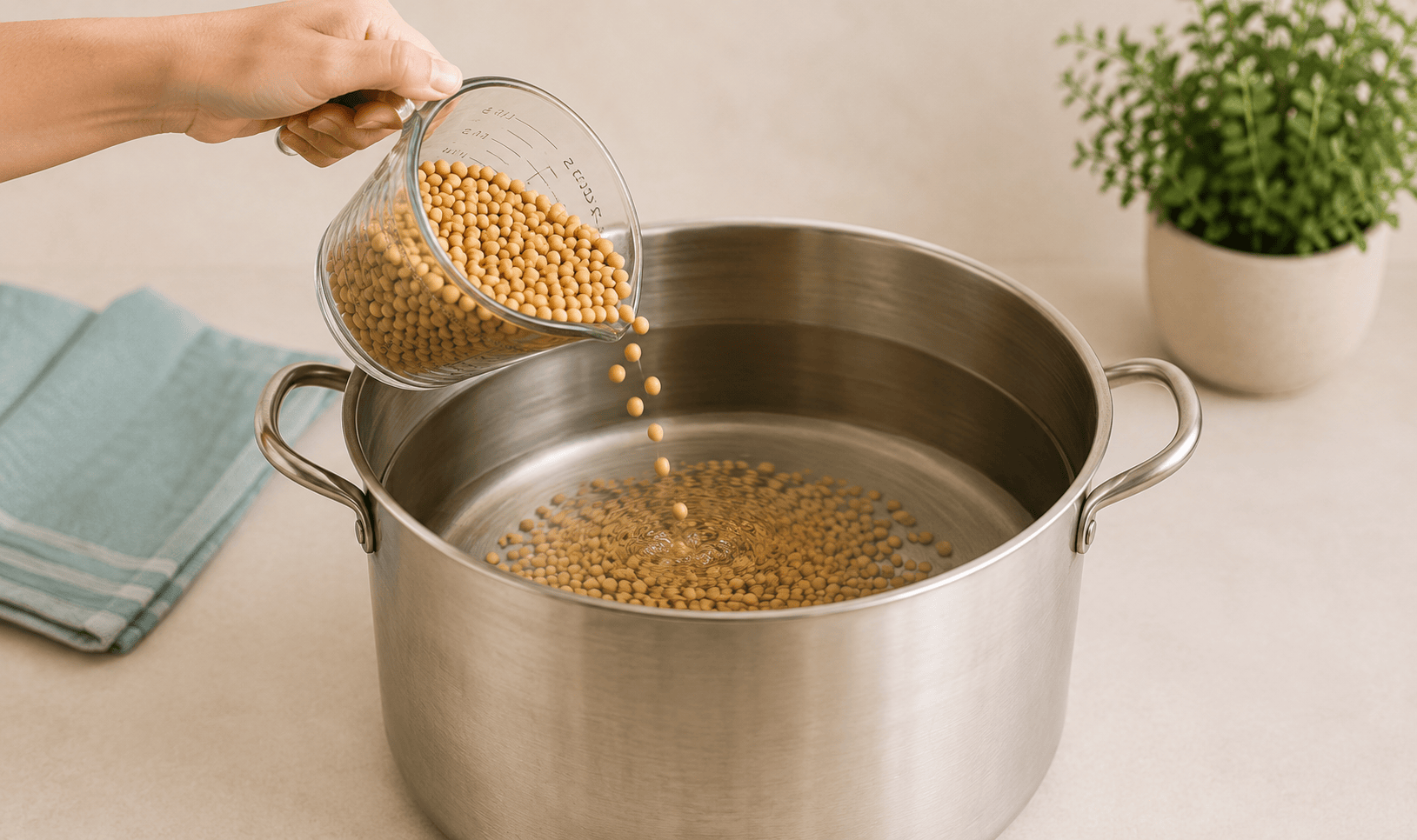 Two cups of dry soybeans soaking overnight in a large stainless-steel pot