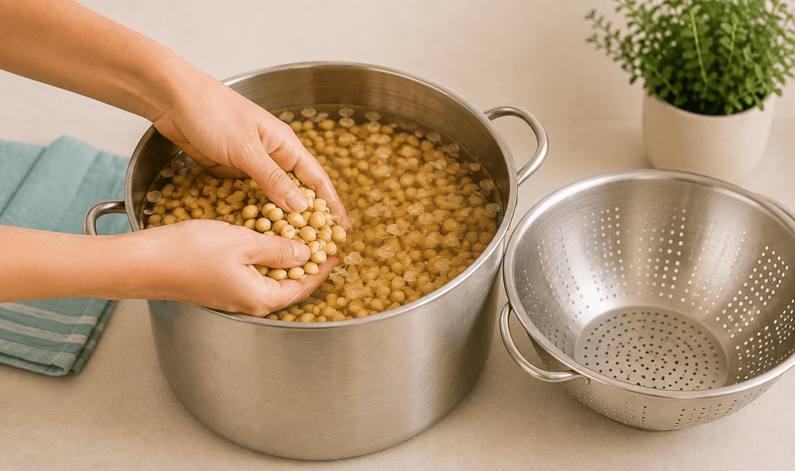 Hands splitting soaked soybeans and removing loosened hulls beside a colander