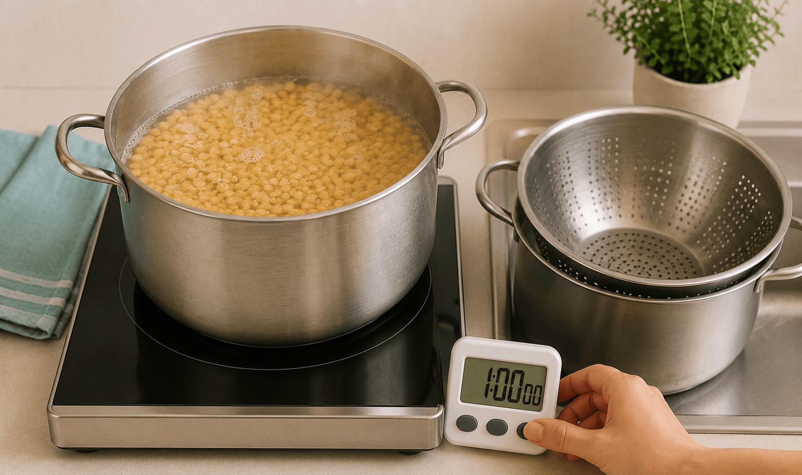 De-hulled soybeans boiling in a stainless-steel pot with a one-hour timer and colander ready