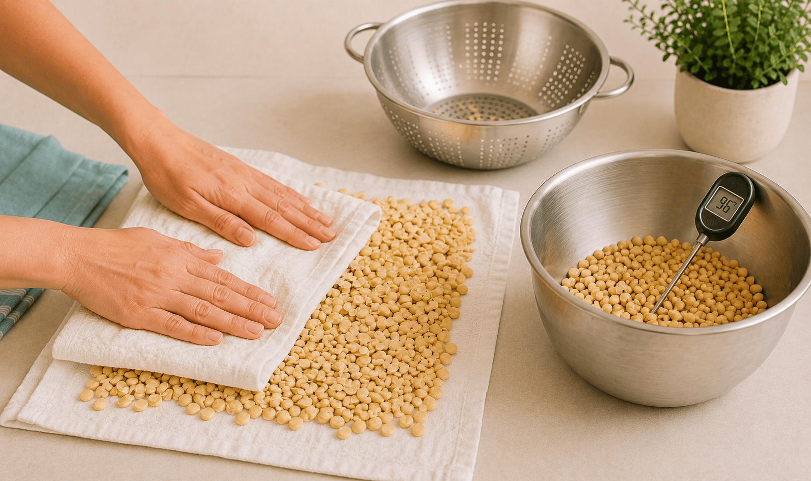 Split soybeans being patted dry before cooling in a dry bowl to 96 degrees Fahrenheit