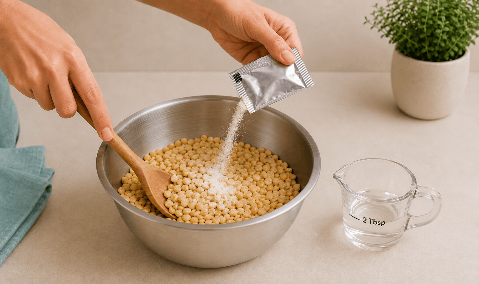 A small inner packet of tempeh starter culture and two tablespoons of vinegar being mixed thoroughly into dry soybeans