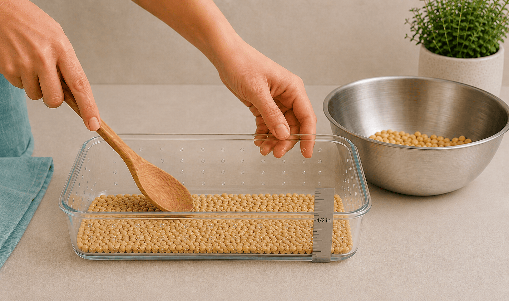 Soybeans spread one-half inch thick in a transparent food-safe vented container