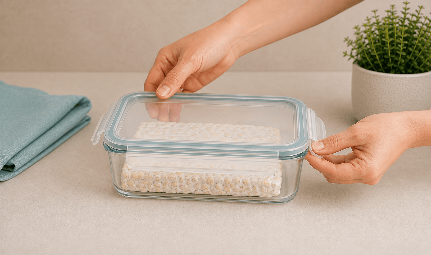 Finished white tempeh cake stored in a sealed glass food container
