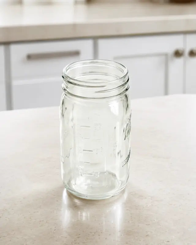 Empty clear quart glass jar on a kitchen counter