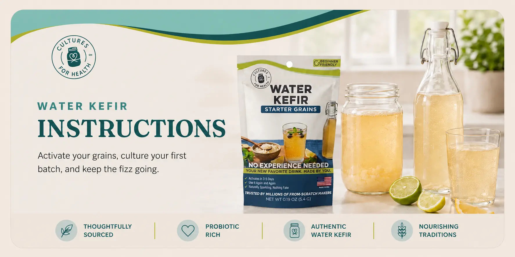 New Cultures for Health Water Kefir Starter Grains pouch with active grains and finished water kefir