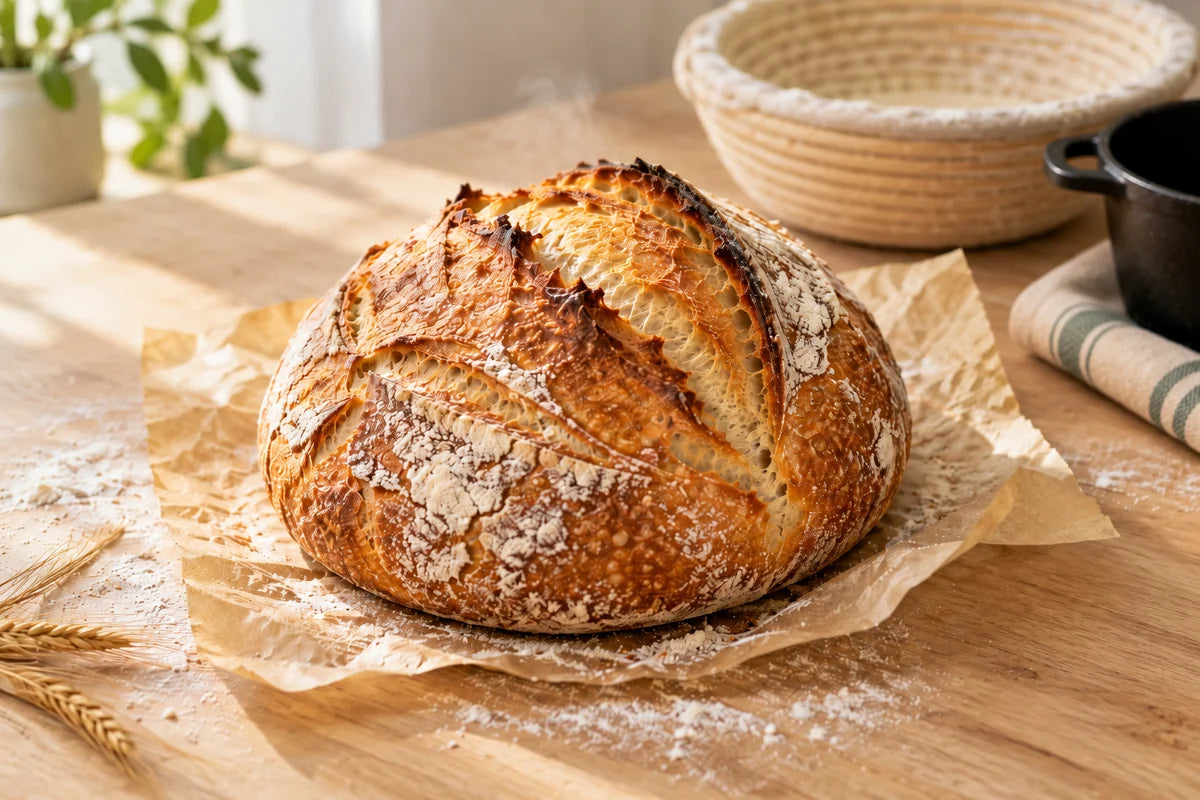 Freshly baked artisan sourdough boule beside a banneton and Dutch oven