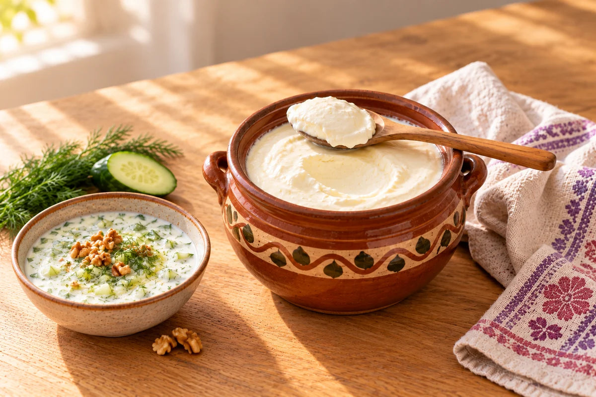 Bulgarian-style yogurt served from a traditional crock with dill and cucumber