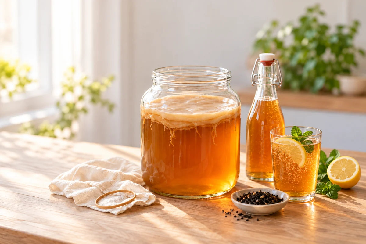 Amber kombucha ferment with a SCOBY, swing-top bottle, lemon, mint, and tea
