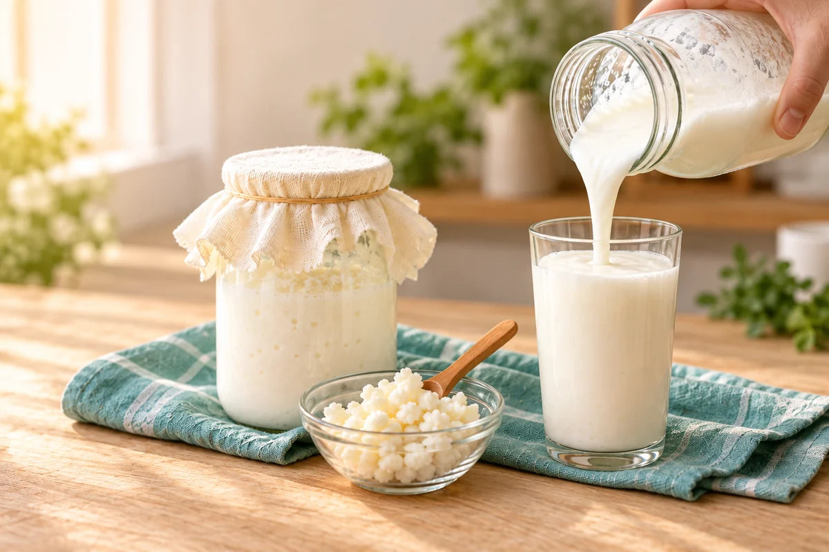 Fresh milk being poured beside reusable milk kefir grains and finished kefir