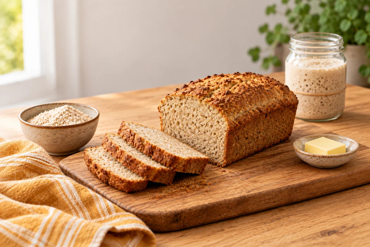 Sliced gluten-free sourdough loaf beside an active starter jar and butter