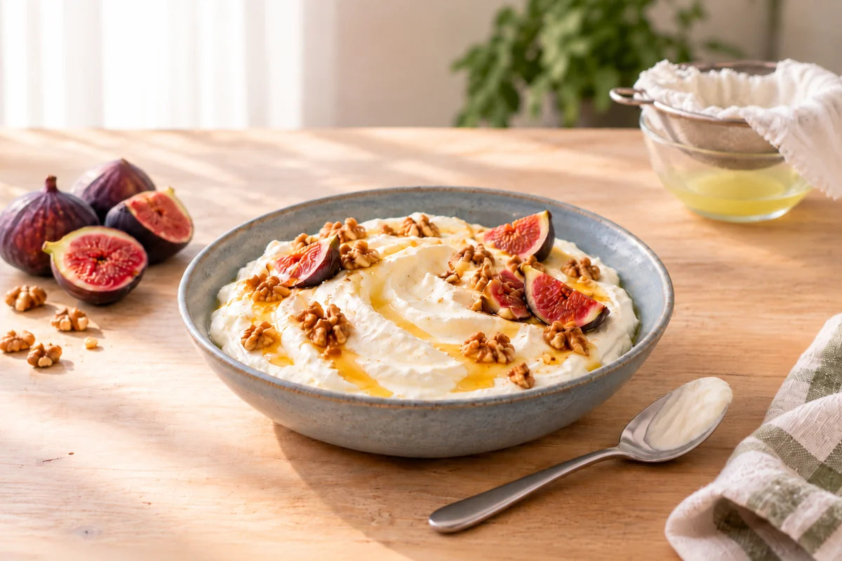 Thick strained Greek yogurt with figs, walnuts, honey, and a strainer