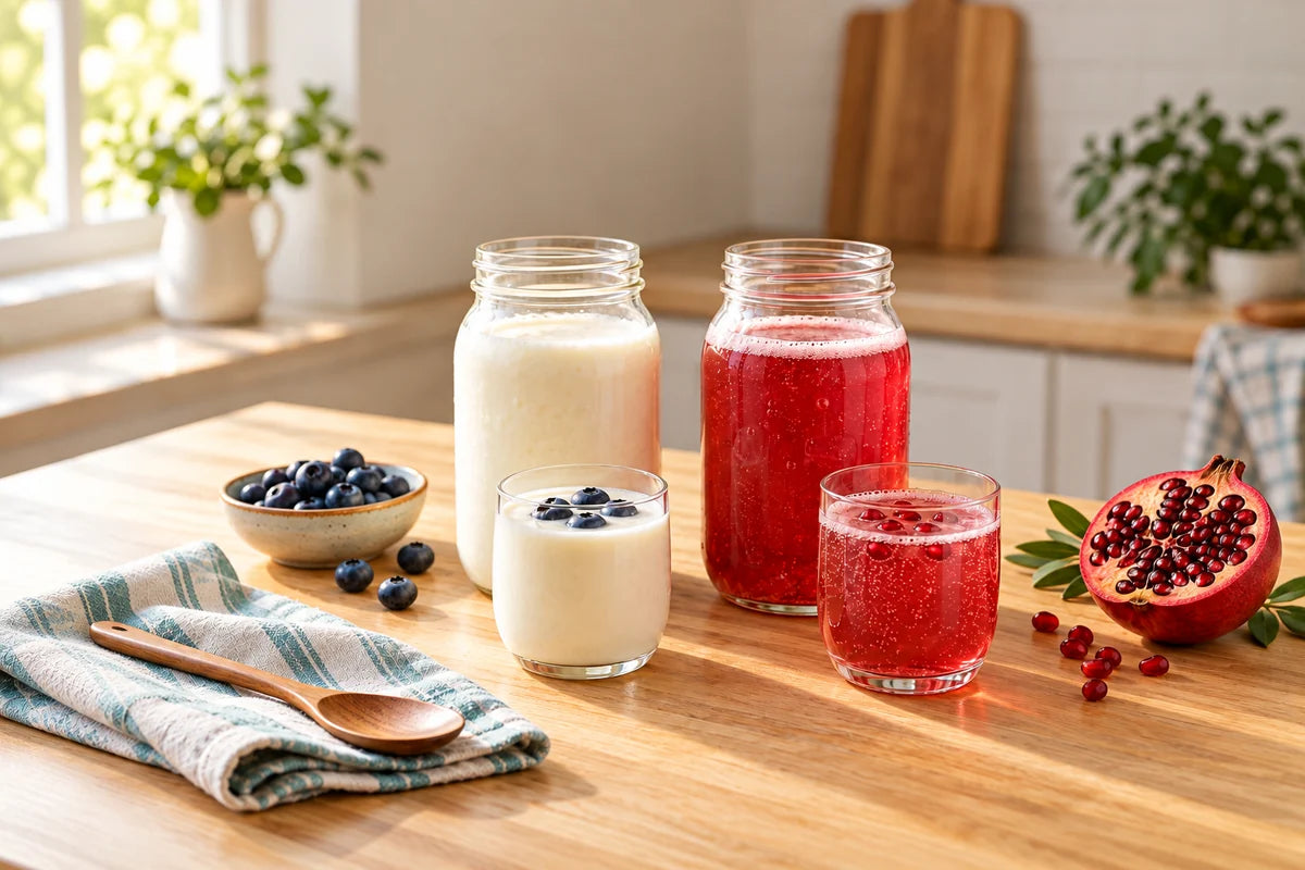 Creamy and fruit-flavored kefir drinks in glass jars and tumblers