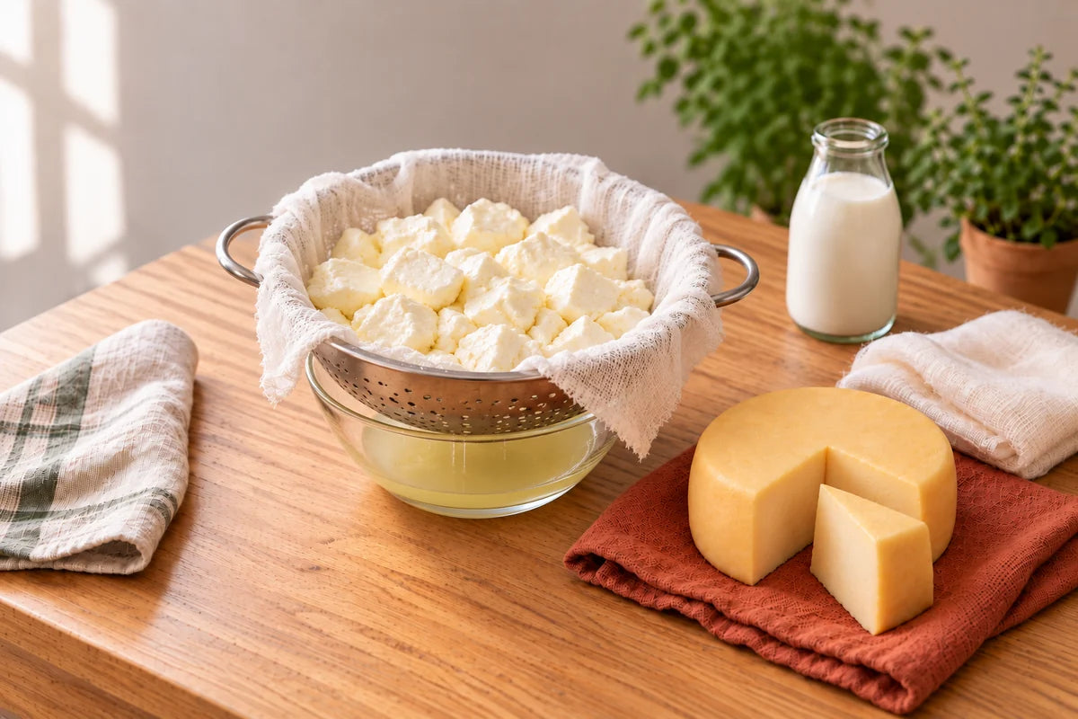 Fresh cheese curds draining over whey beside milk and a finished cheese wheel