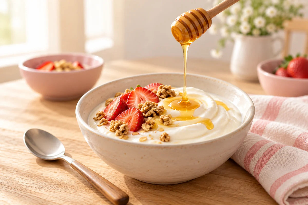 Mild yogurt with strawberries, granola, and a drizzle of honey
