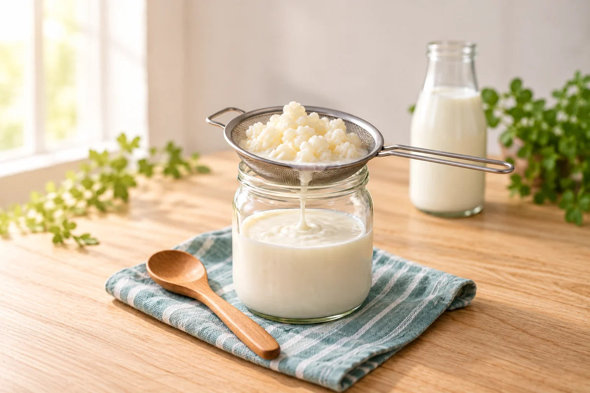 Milk kefir grains draining in a mesh strainer over finished kefir
