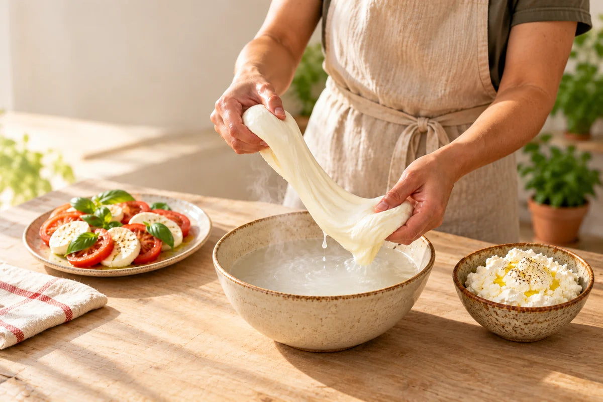 Fresh mozzarella being stretched beside ricotta and a caprese plate