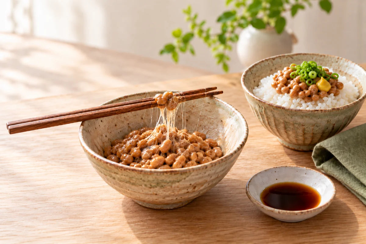 Sticky homemade natto served in a bowl and over rice