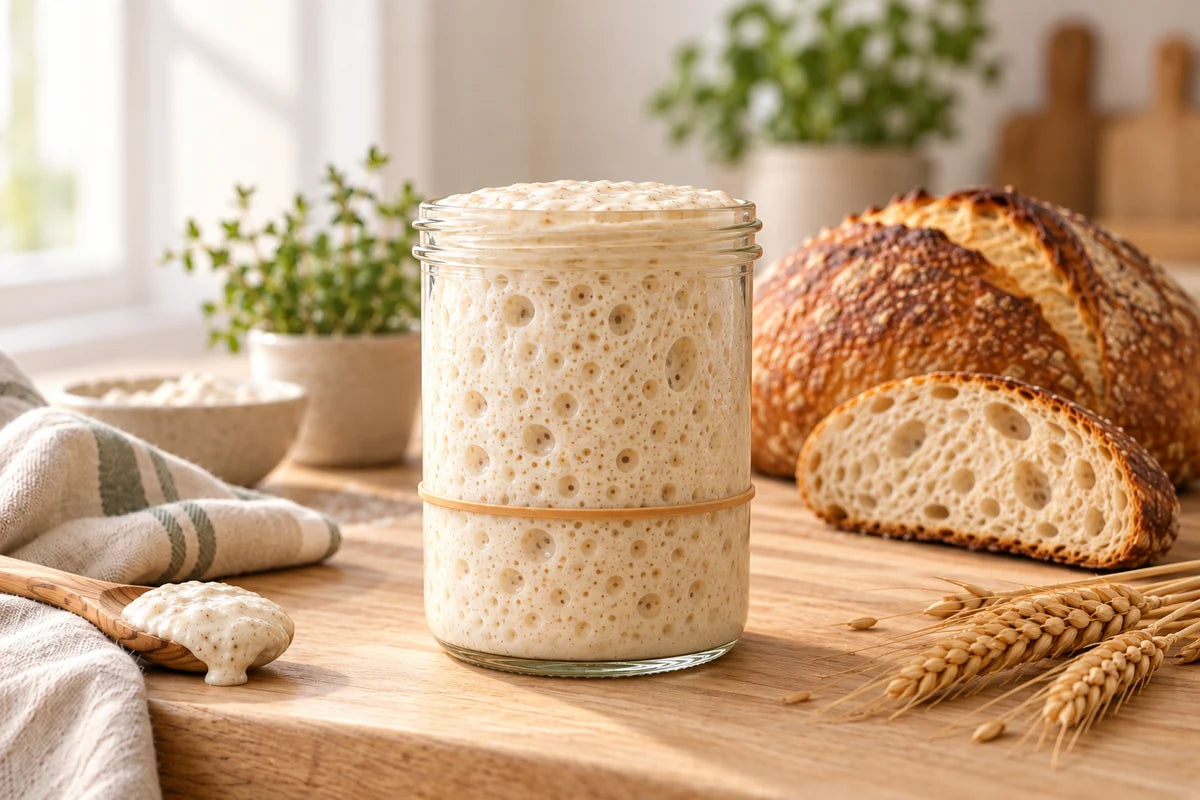 Active bubbly sourdough starter beside a rustic loaf and open crumb
