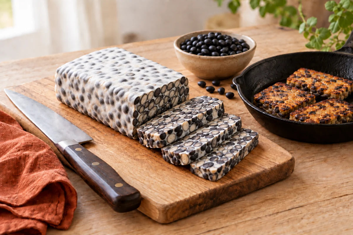 Soy-free black bean tempeh loaf, slices, and seared pieces
