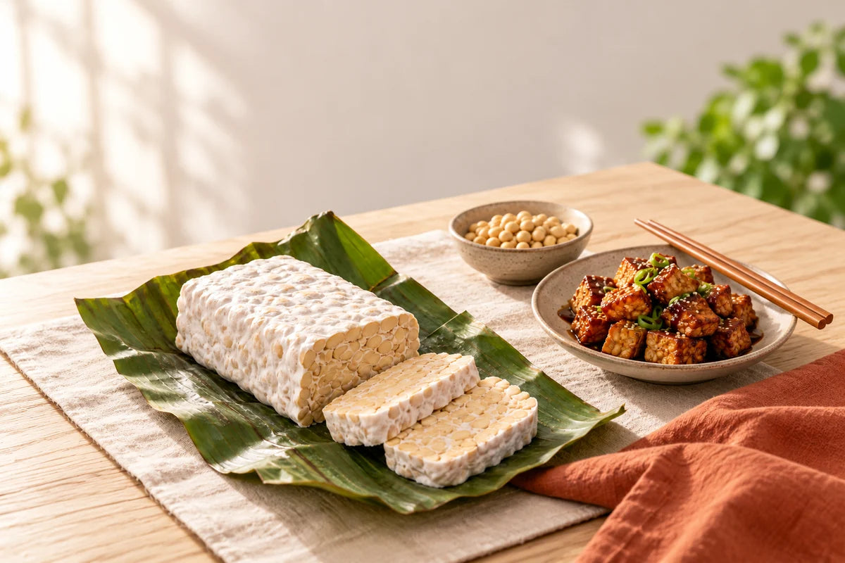 Fresh soybean tempeh and a finished glazed tempeh dish