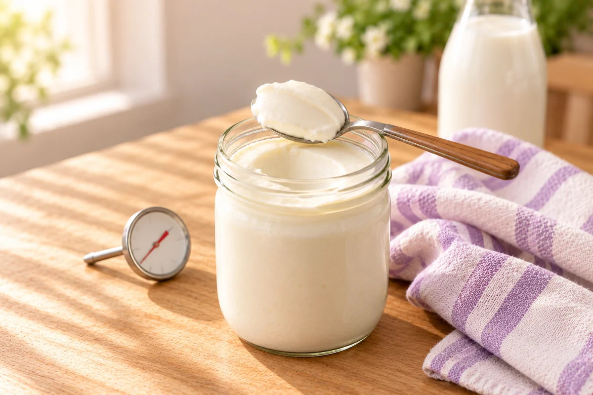 Traditional yogurt culturing in a glass jar beside a thermometer and milk