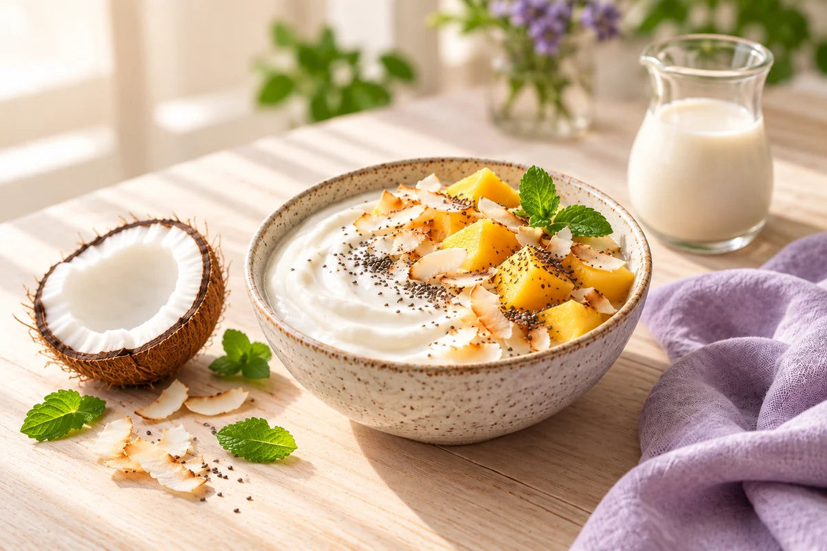 Coconut yogurt topped with mango, coconut flakes, chia seeds, and mint