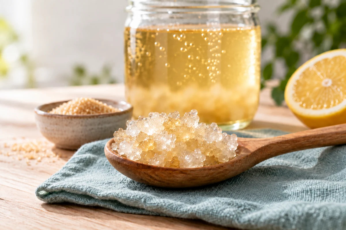 Water kefir grains on a wooden spoon beside sugar, lemon, and an active ferment
