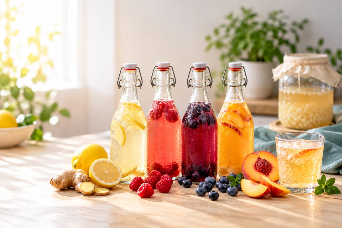 A continuing assortment of flavored water kefir bottles and active grains